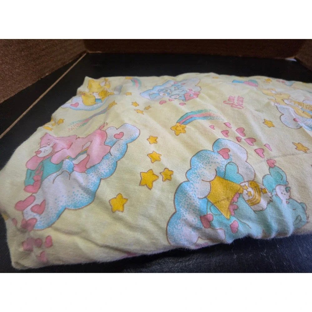 Vtg Care Bears Fitted Sheet Yellow 80s crib Bedding Rainbow Stars Cloud 48x24